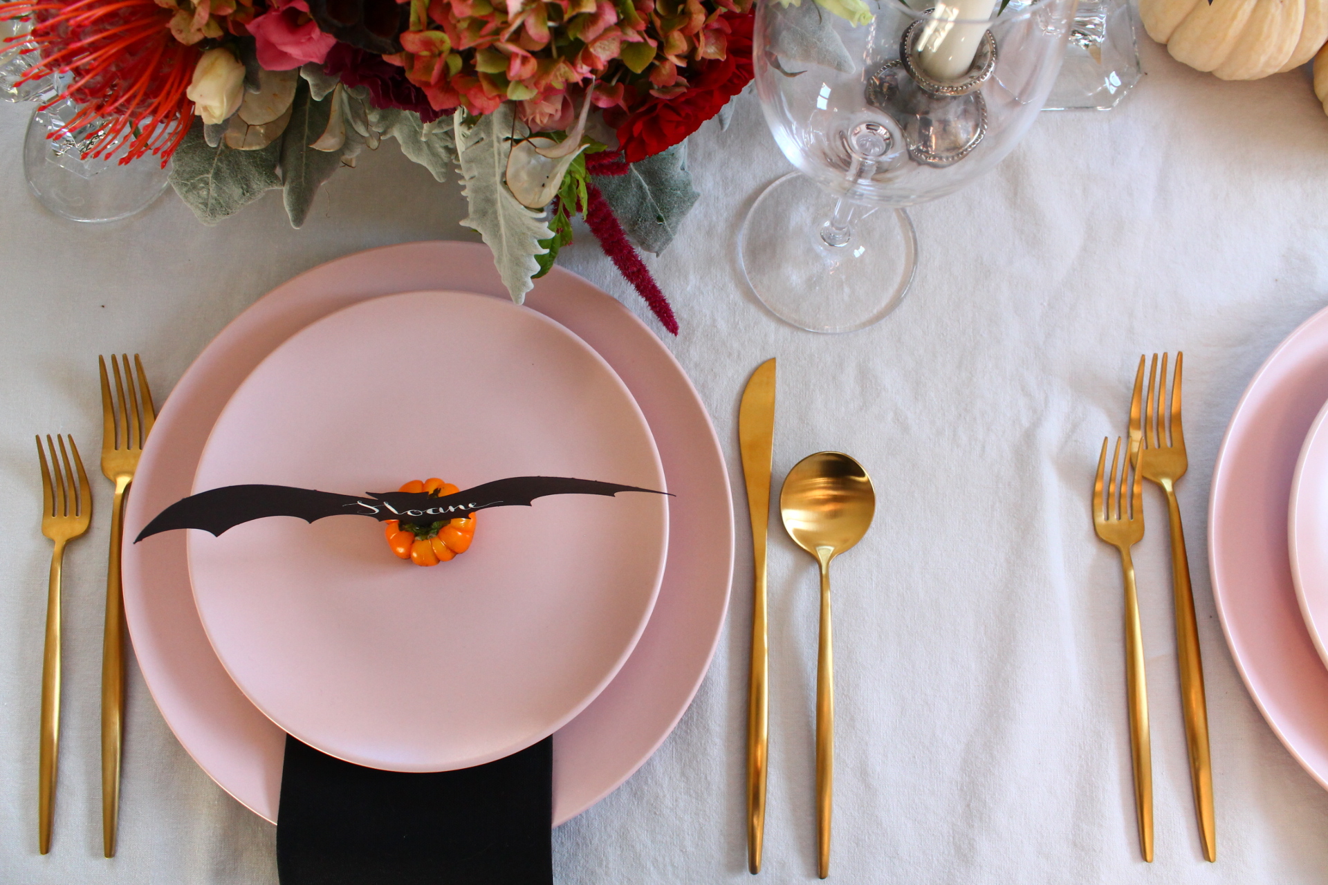 Pink and Black Halloween Tablescape | Mesa Rentals and Design